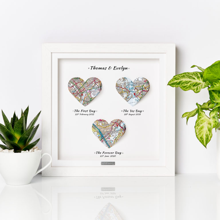 Custom Three-Heart Map Gift Frame Wall Art Gift For Her Gift For Him White Frame