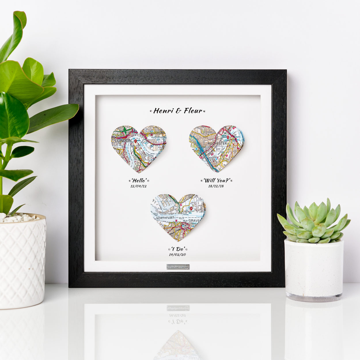Custom Three-Heart Map Gift Frame Wall Art Gift For Her Gift For Him Black Frame