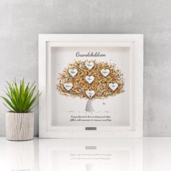 Personalised head on multi-colour tree print 3D grandchildren tree gift frame presented in a white deep box frame