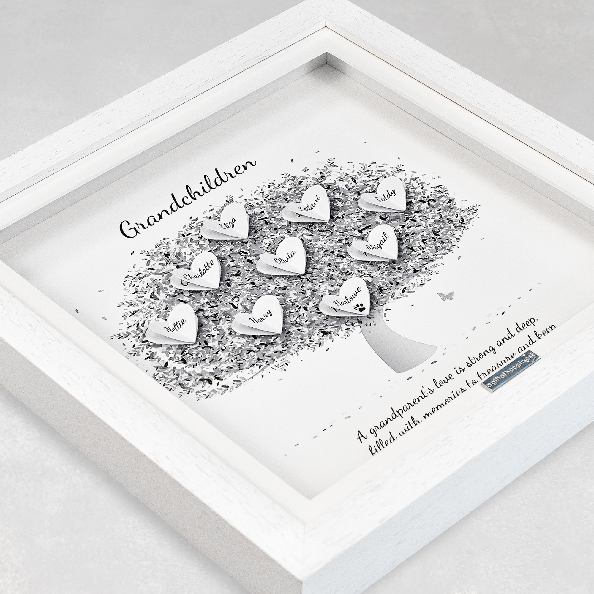 Personalised side on grey tree print 3D grandchildren tree gift frame presented in a white deep box frame