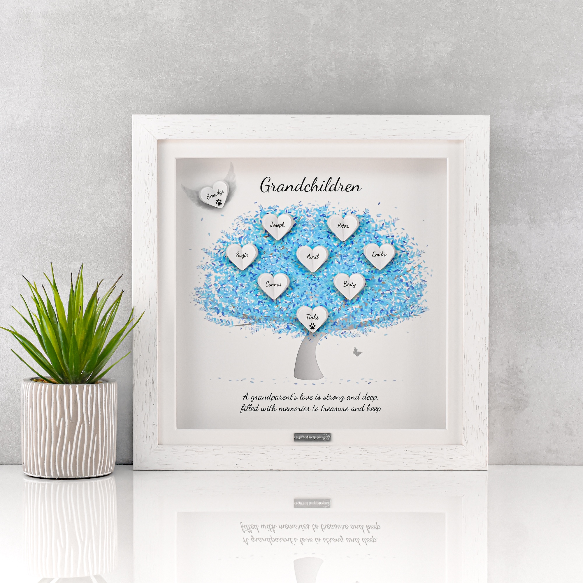 Personalised head on blue tree print 3D grandchildren tree gift frame presented in a white deep box frame