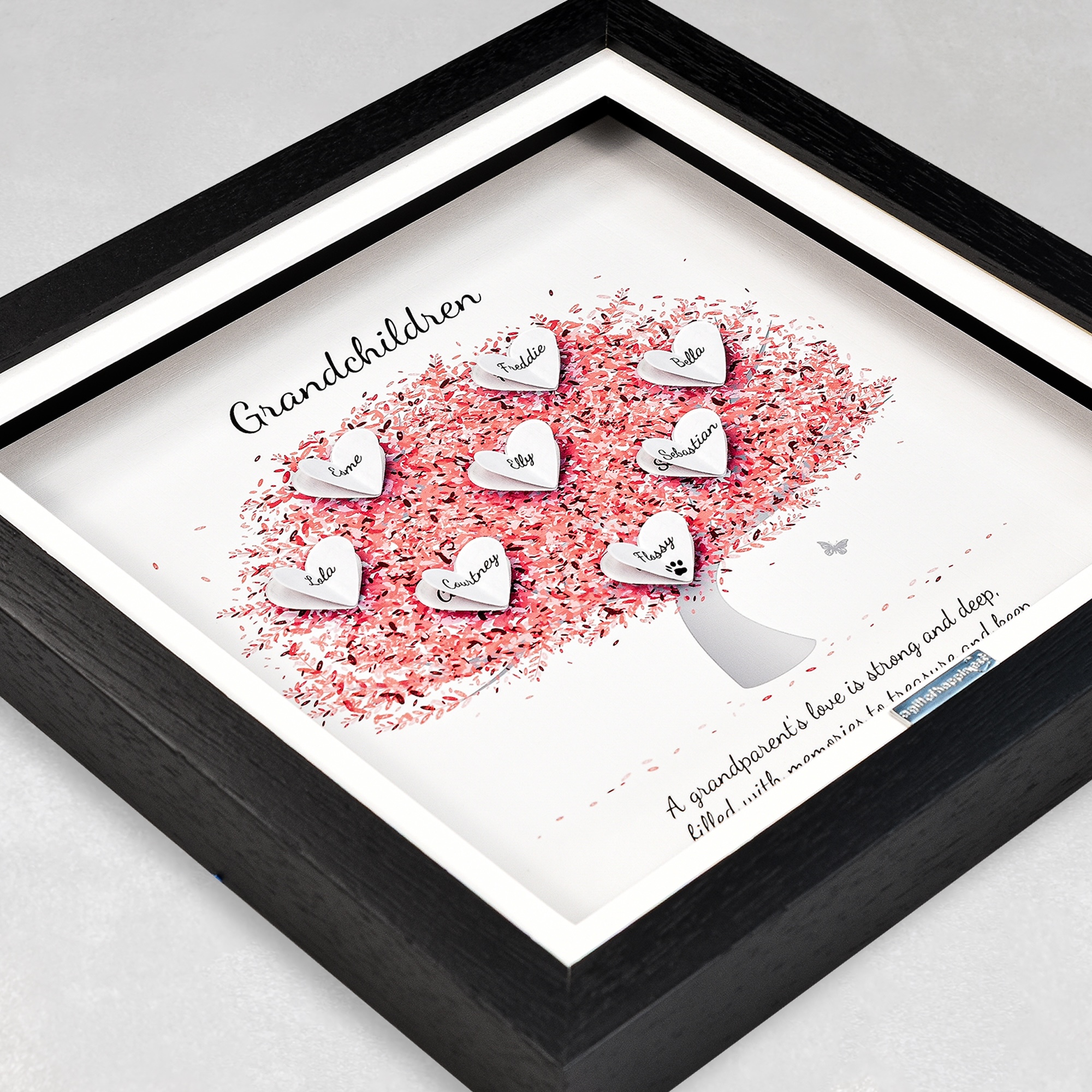 Personalised side on pink tree print 3D grandchildren tree gift frame presented in a black deep box frame