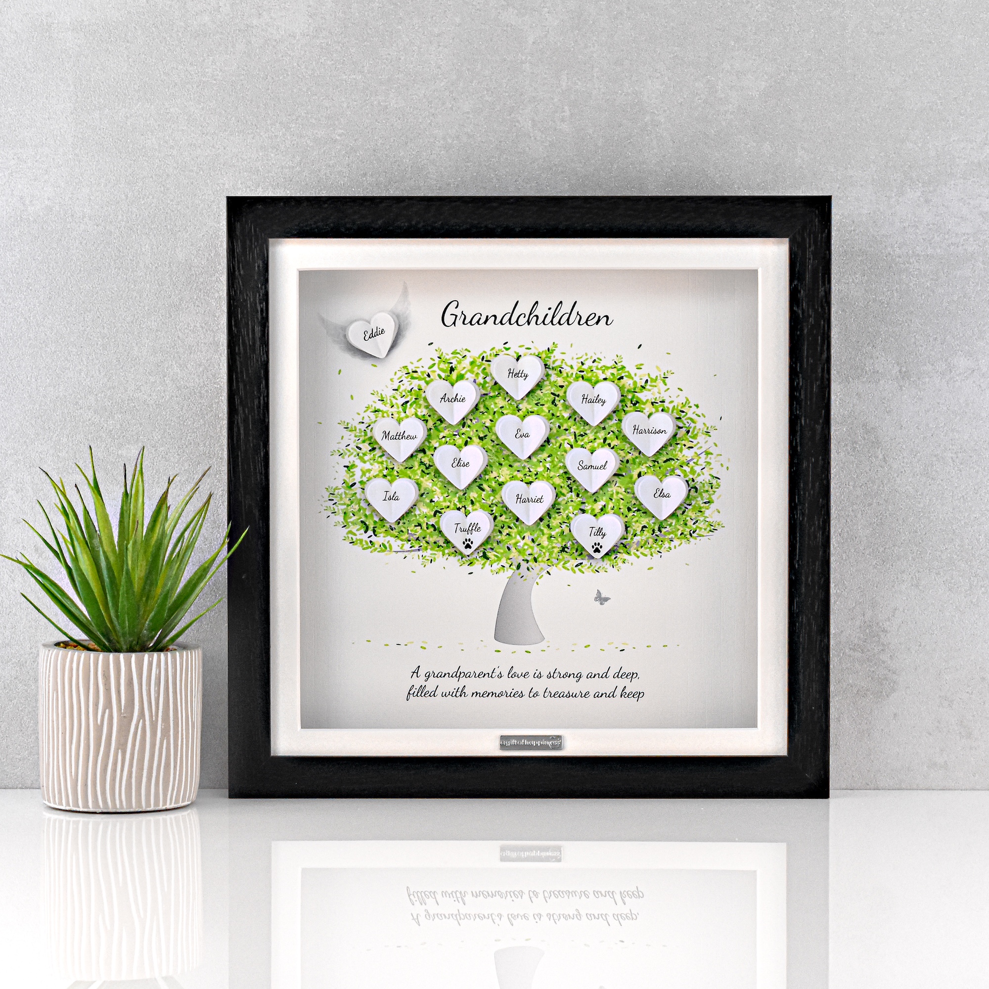 Personalised head on green tree print 3D grandchildren tree gift frame presented in a black deep box frame
