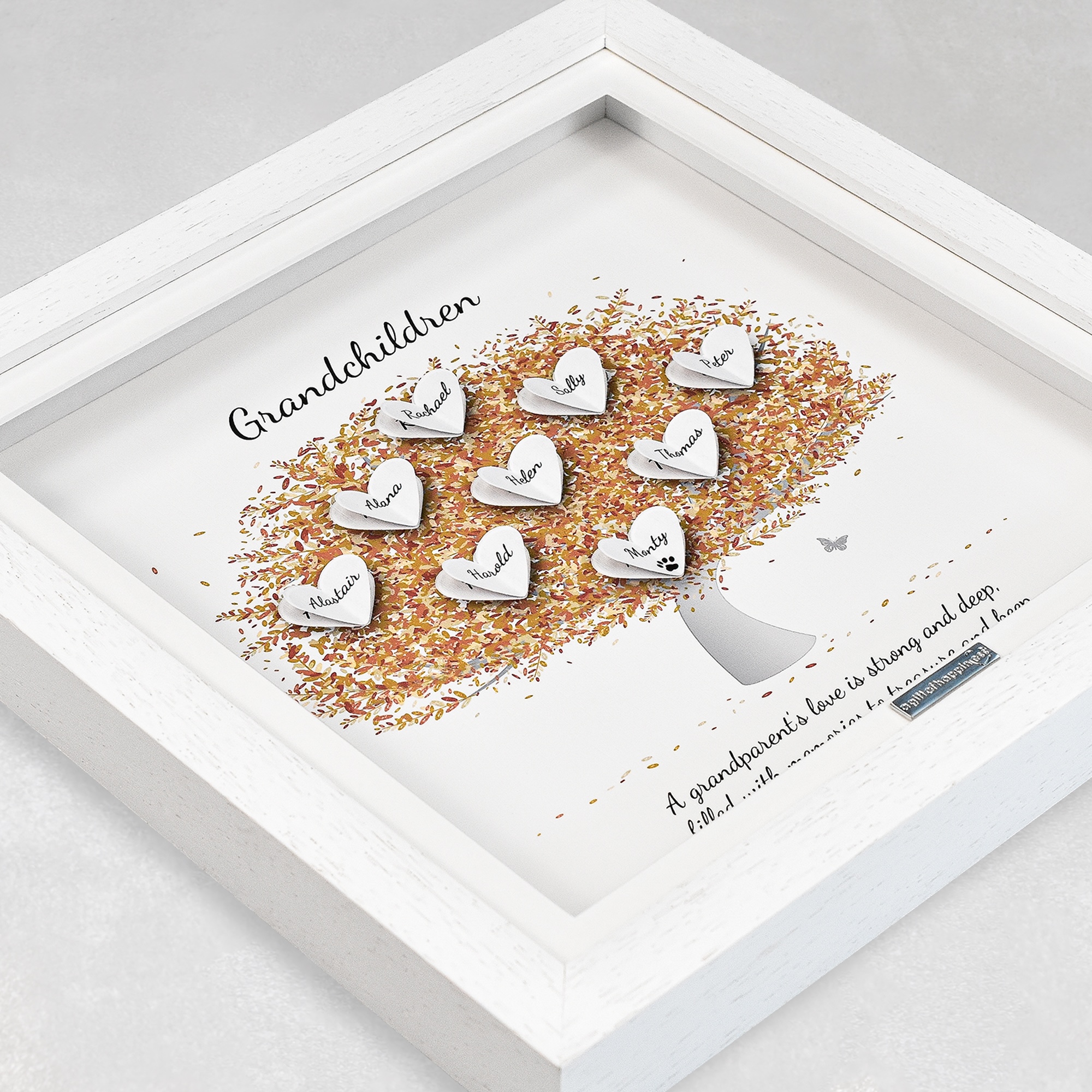 Personalised side on brown tree print 3D grandchildren tree gift frame presented in a white deep box frame