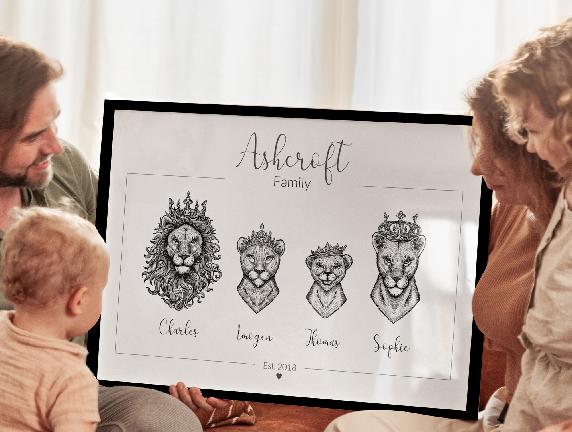 Personalised Royal Lions Family Portrait Print with custom family names and illustrations of crowned lions and lionesses.