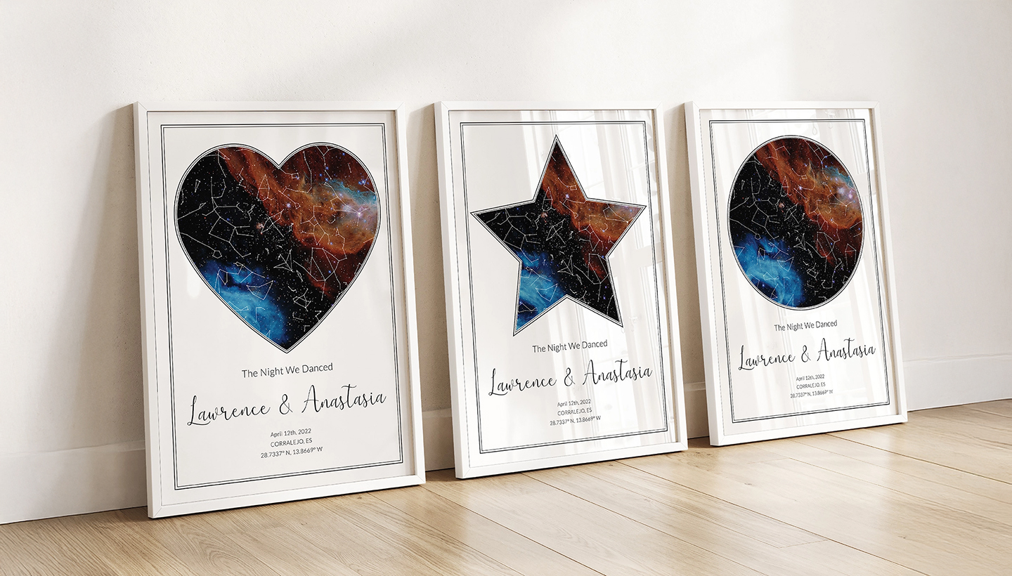 Personalised Star Map Prints in heart, star, and circle designs showing custom night sky constellations for special dates and locations.