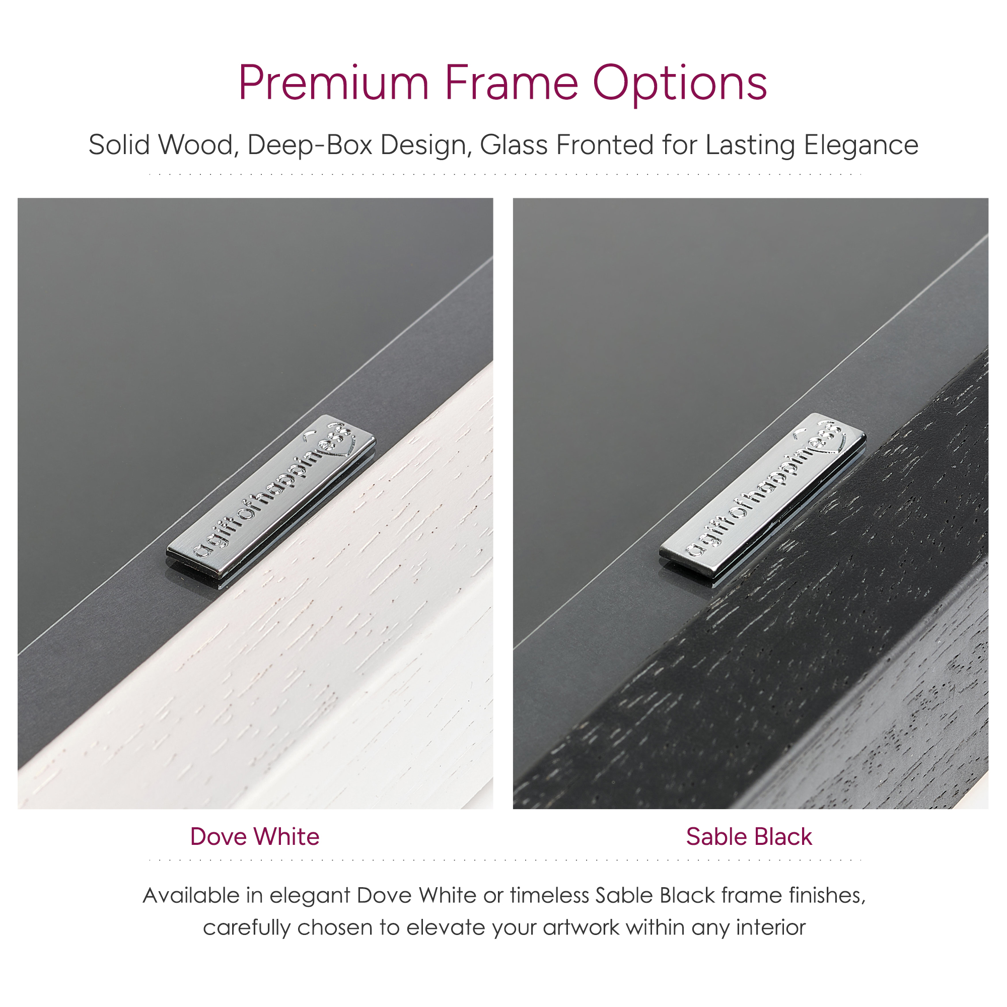 Sable Black and Dove White premium solid wood deep-box frames with glass front and silver brand plaque.