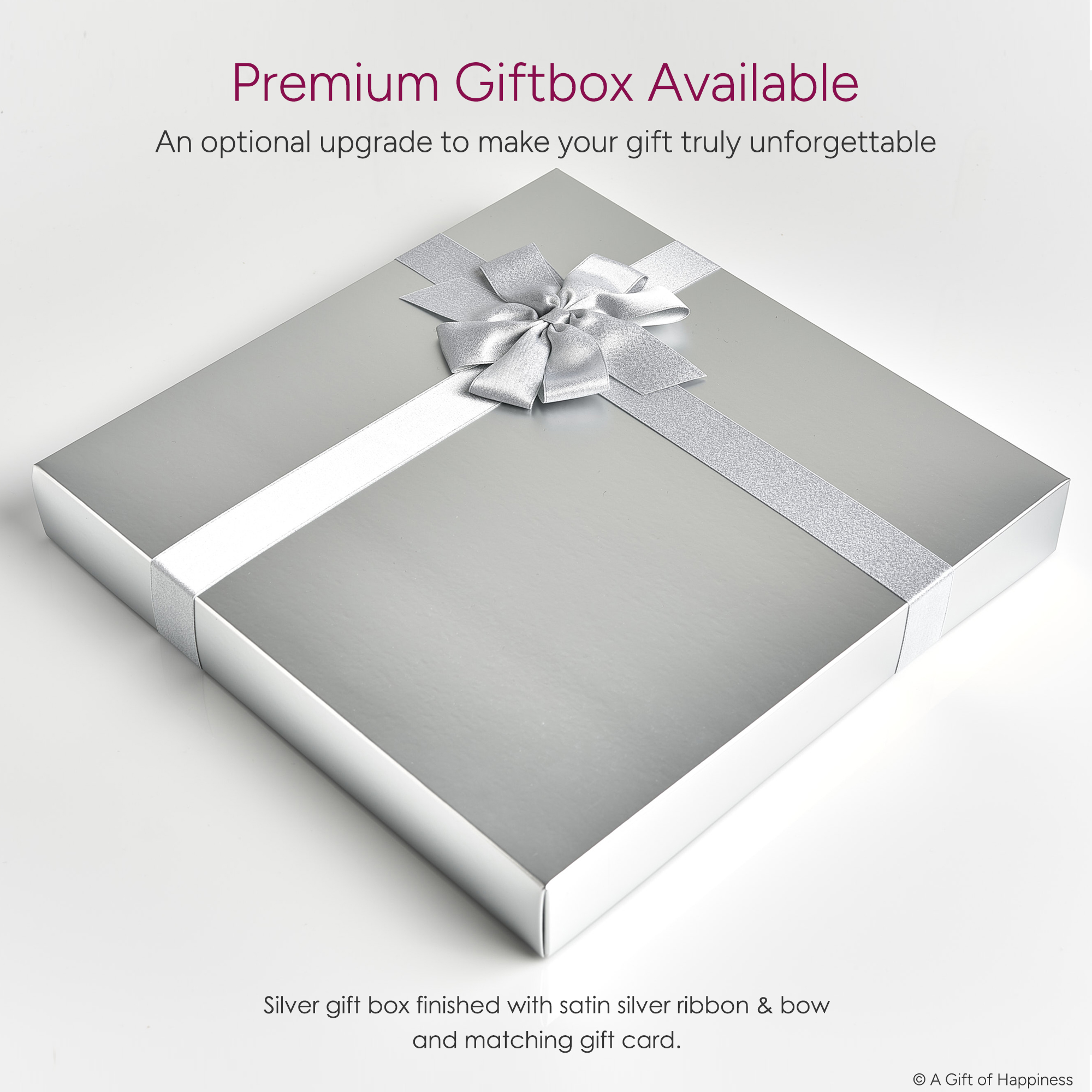 Silver premium gift box with satin ribbon and bow, available as an optional upgrade