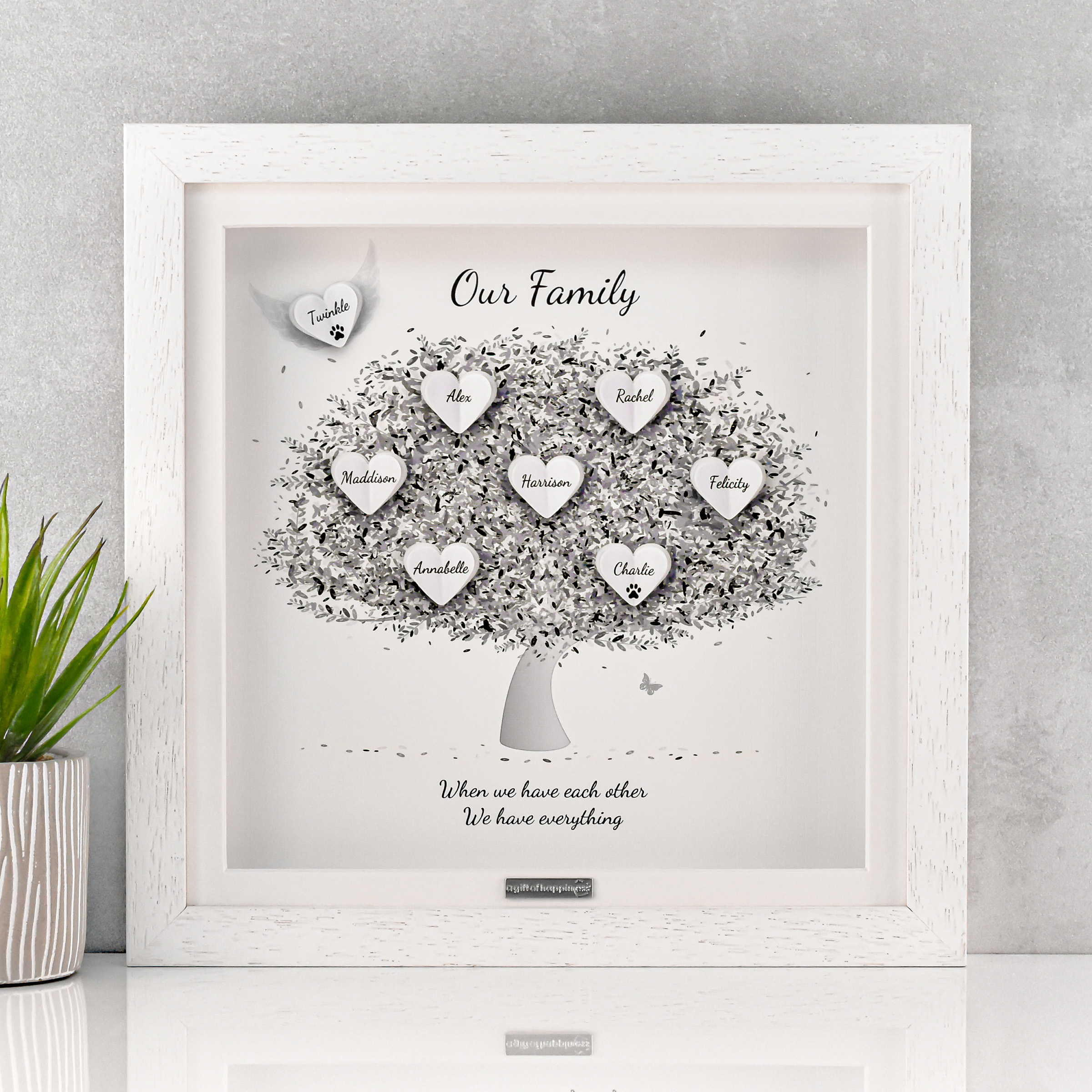 Personalised family tree print with 3D heart names and “Our Family” design in a white box frame