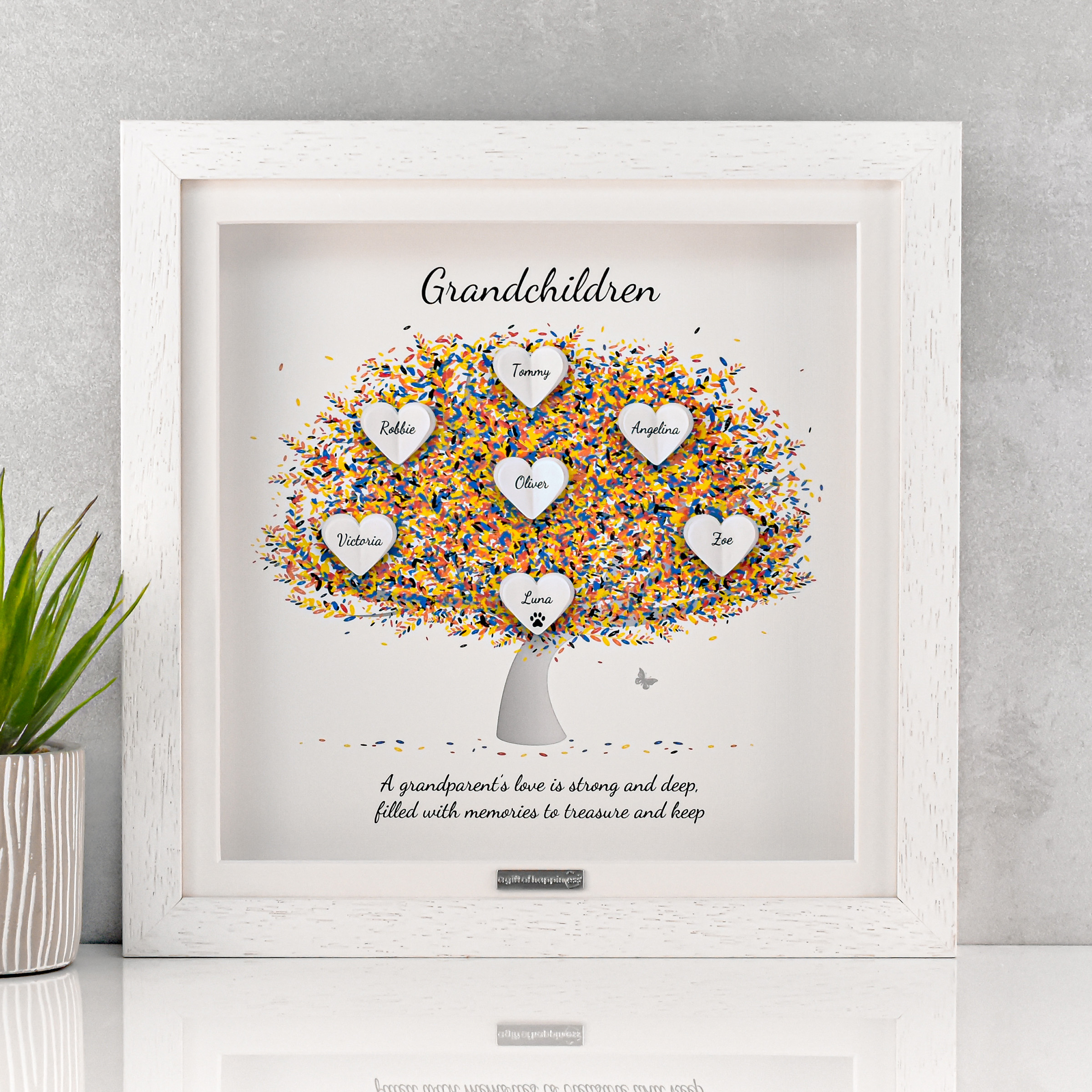 Personalised family tree print with 3D heart names and “Grandchildren” design in a white box frame