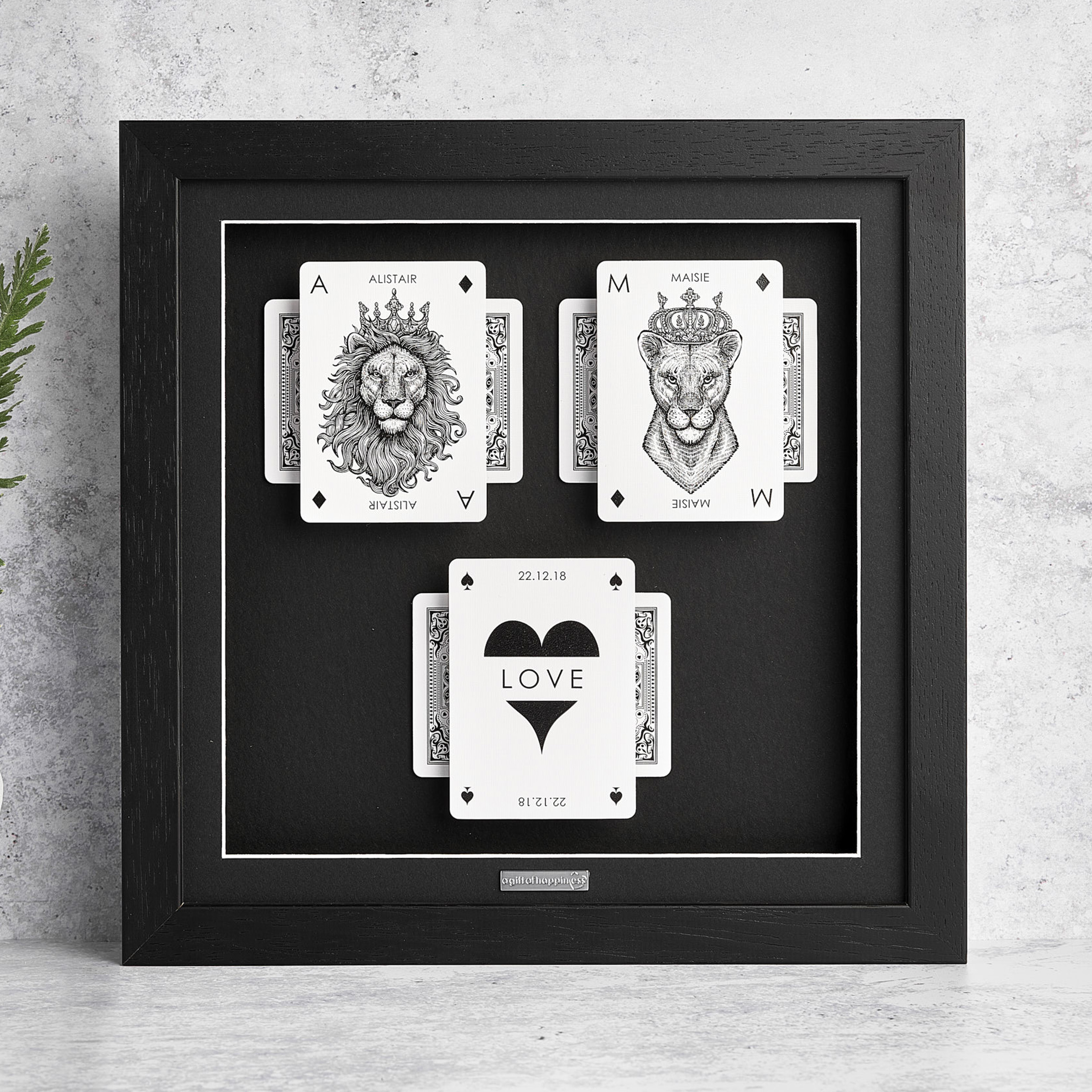 Personalised playing card couples frame with lion and lioness design and love heart card in black frame