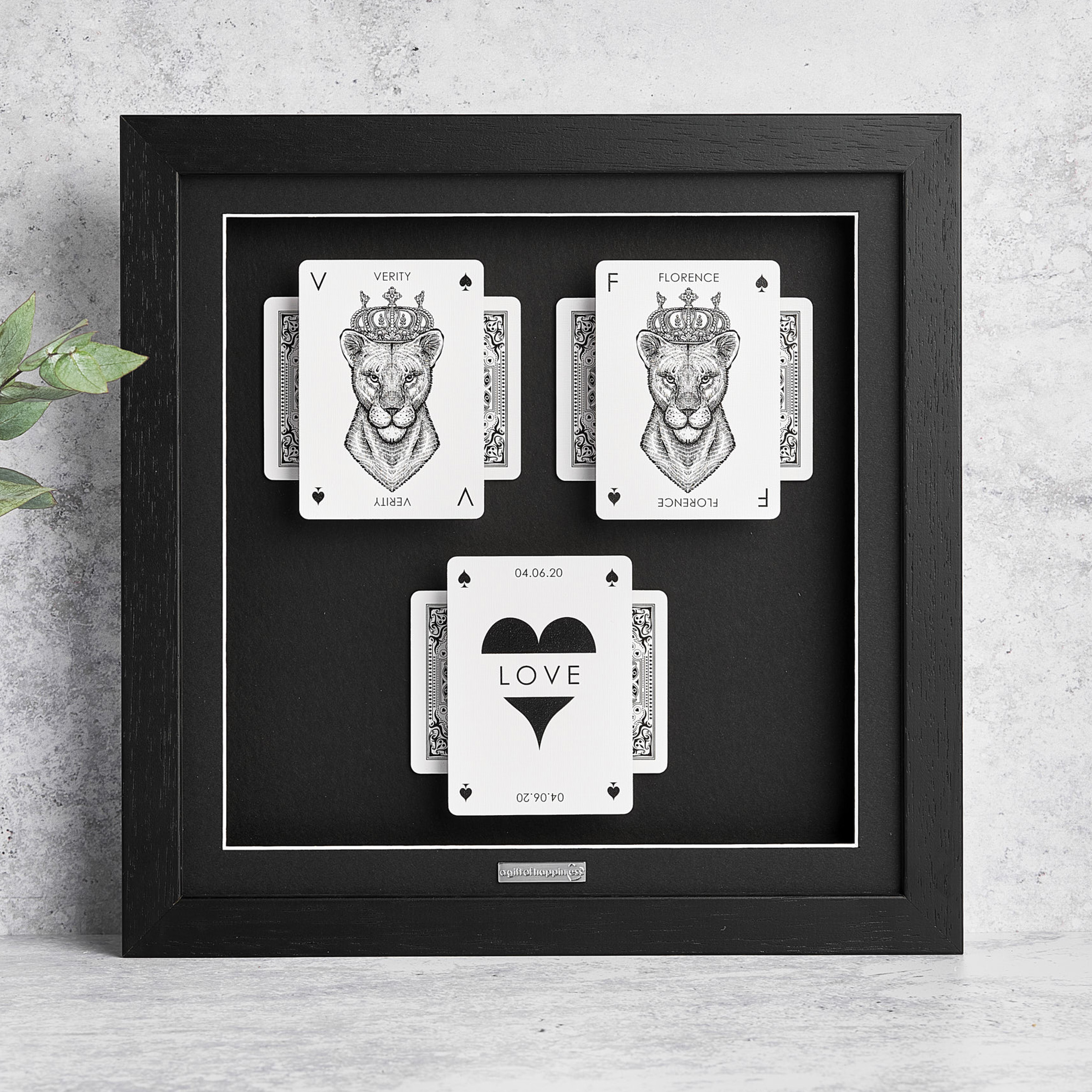 Personalised playing card couples frame with a two lioness design and love heart card in white frame