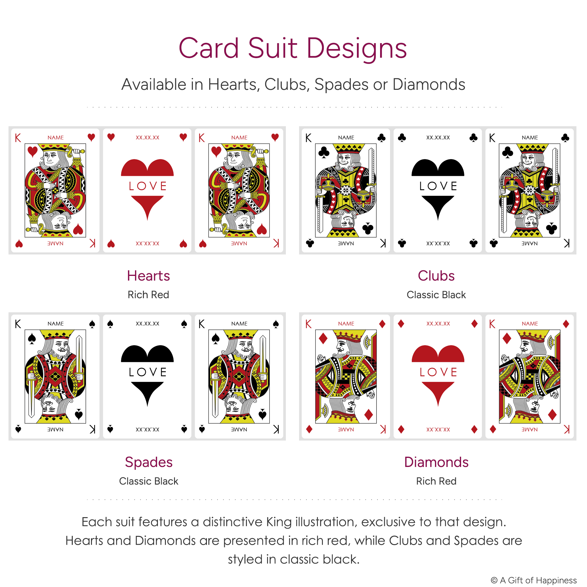 Card suit design options showing Hearts, Clubs, Spades and Diamonds in personalised playing card style for couples gifts