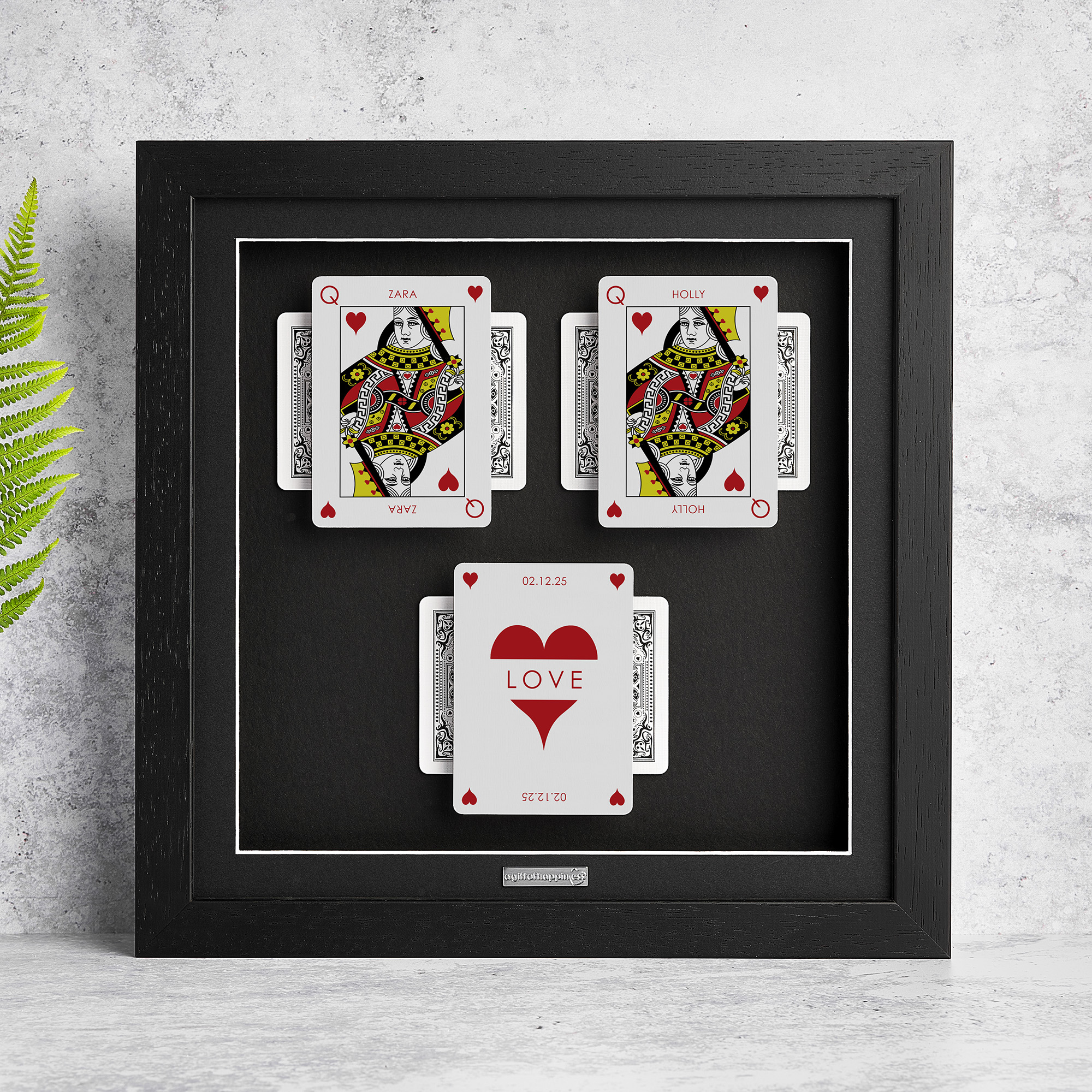 Personalised couples wall art featuring Queen and Queen playing cards with a milestone occasion and date