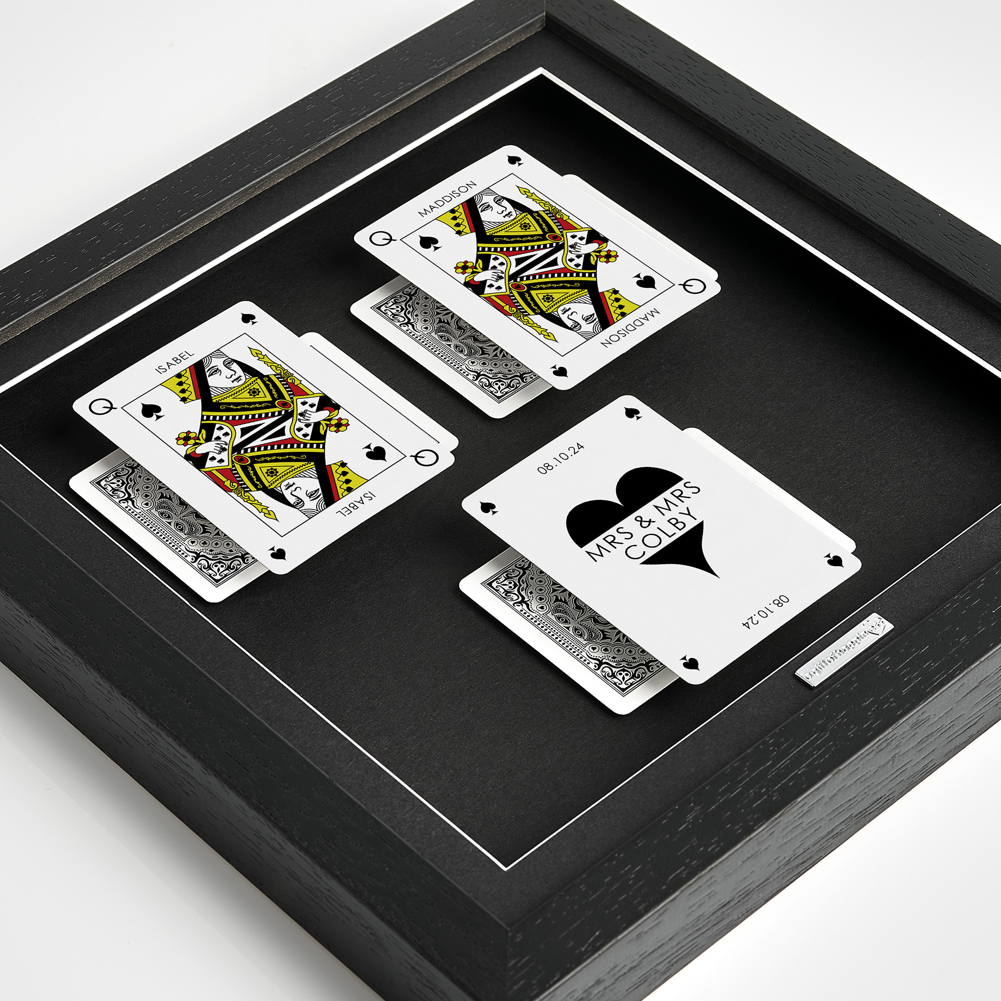 Personalised couples wall art featuring Queen and Queen playing cards with a milestone occasion and date