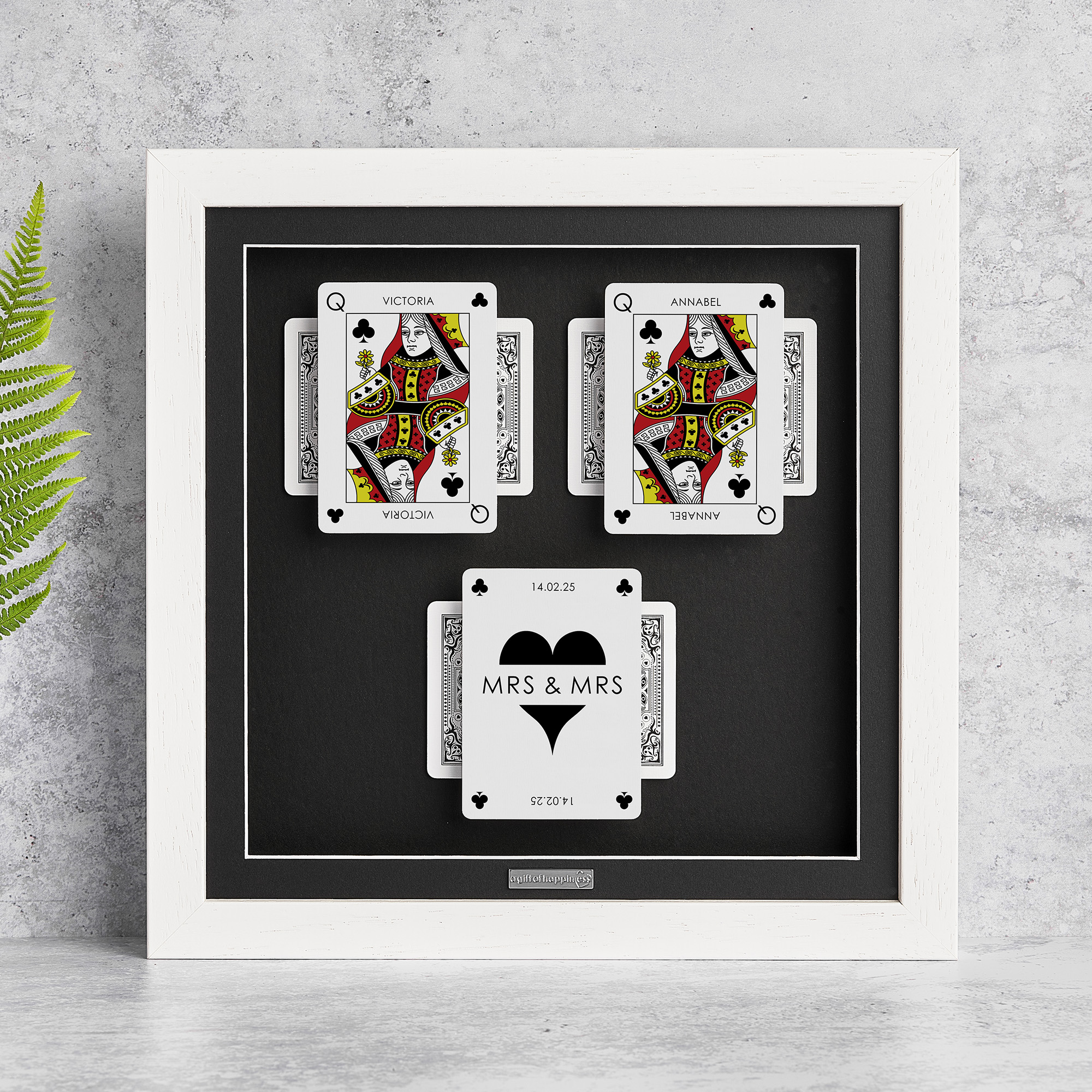 Personalised couples wall art featuring Queen and Queen playing cards with a milestone occasion and date