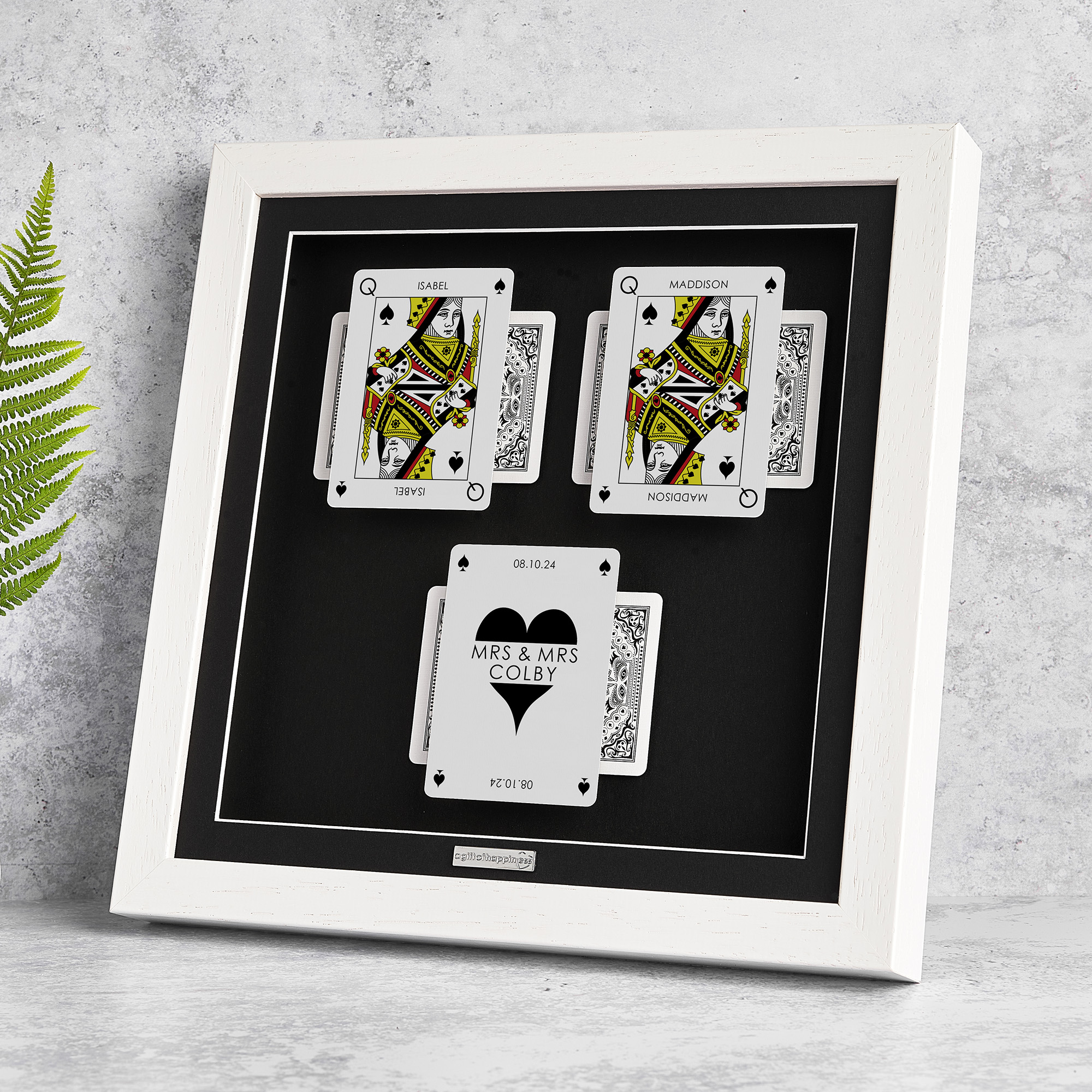 Personalised couples wall art featuring Queen and Queen playing cards with a milestone occasion and date