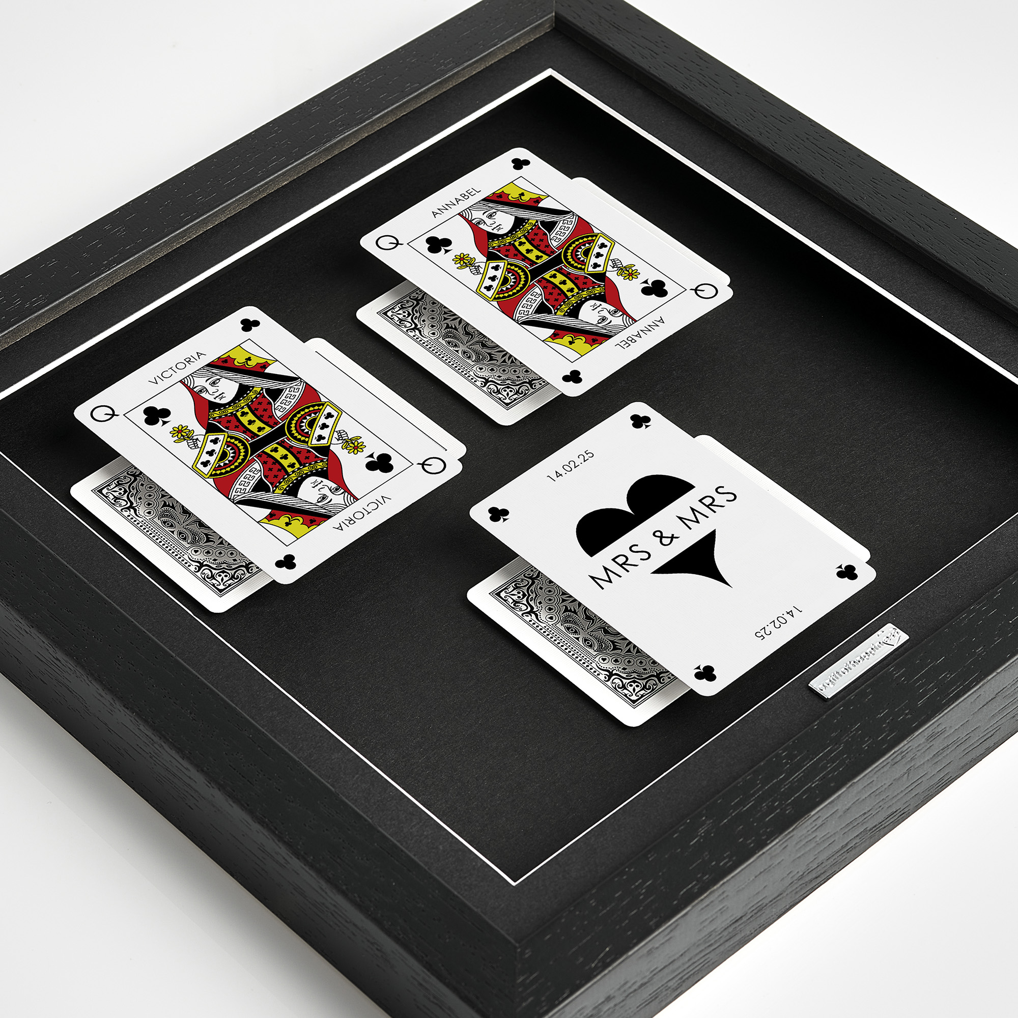 Personalised couples wall art featuring Queen and Queen playing cards with a milestone occasion and date