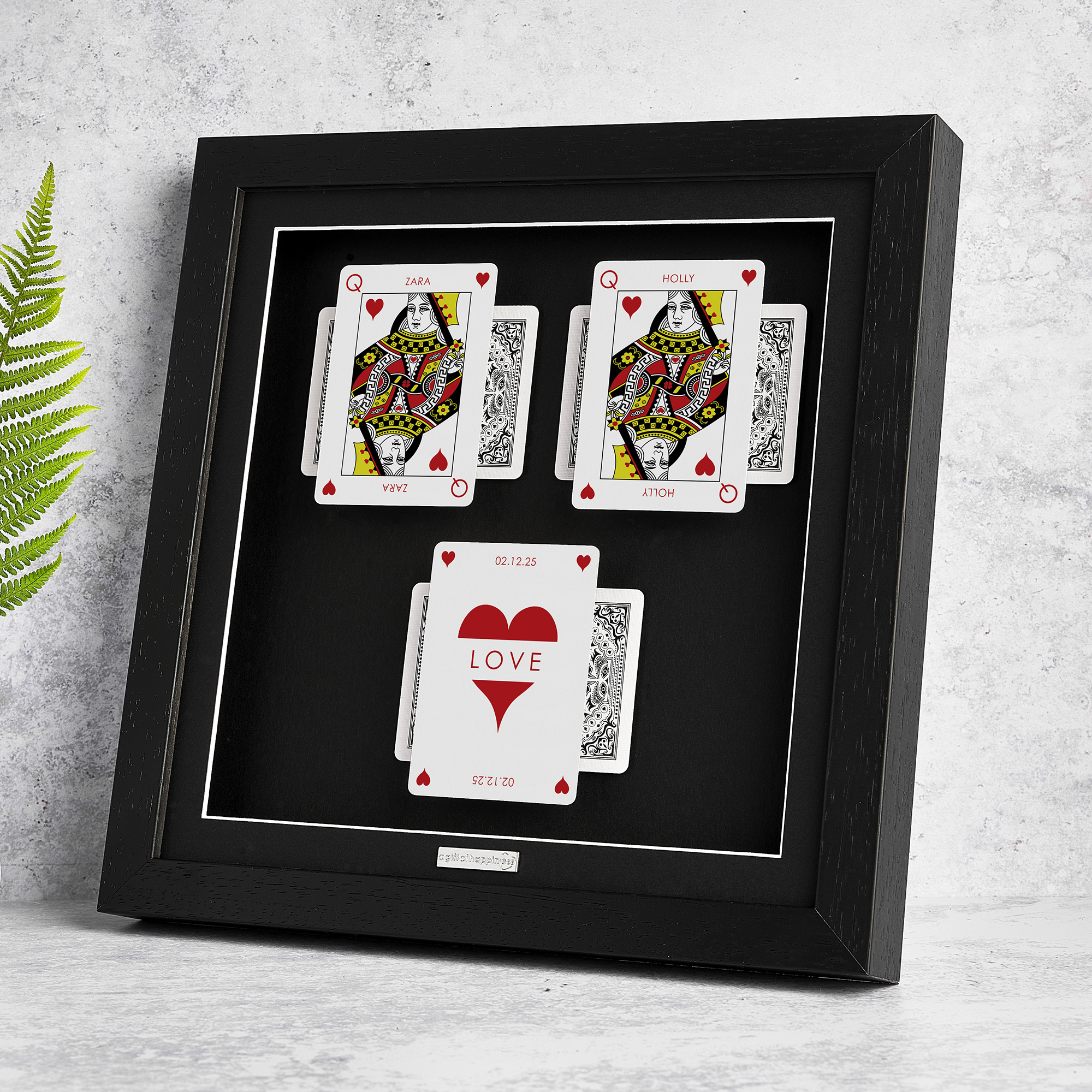 Personalised couples wall art featuring Queen and Queen playing cards with a milestone occasion and date