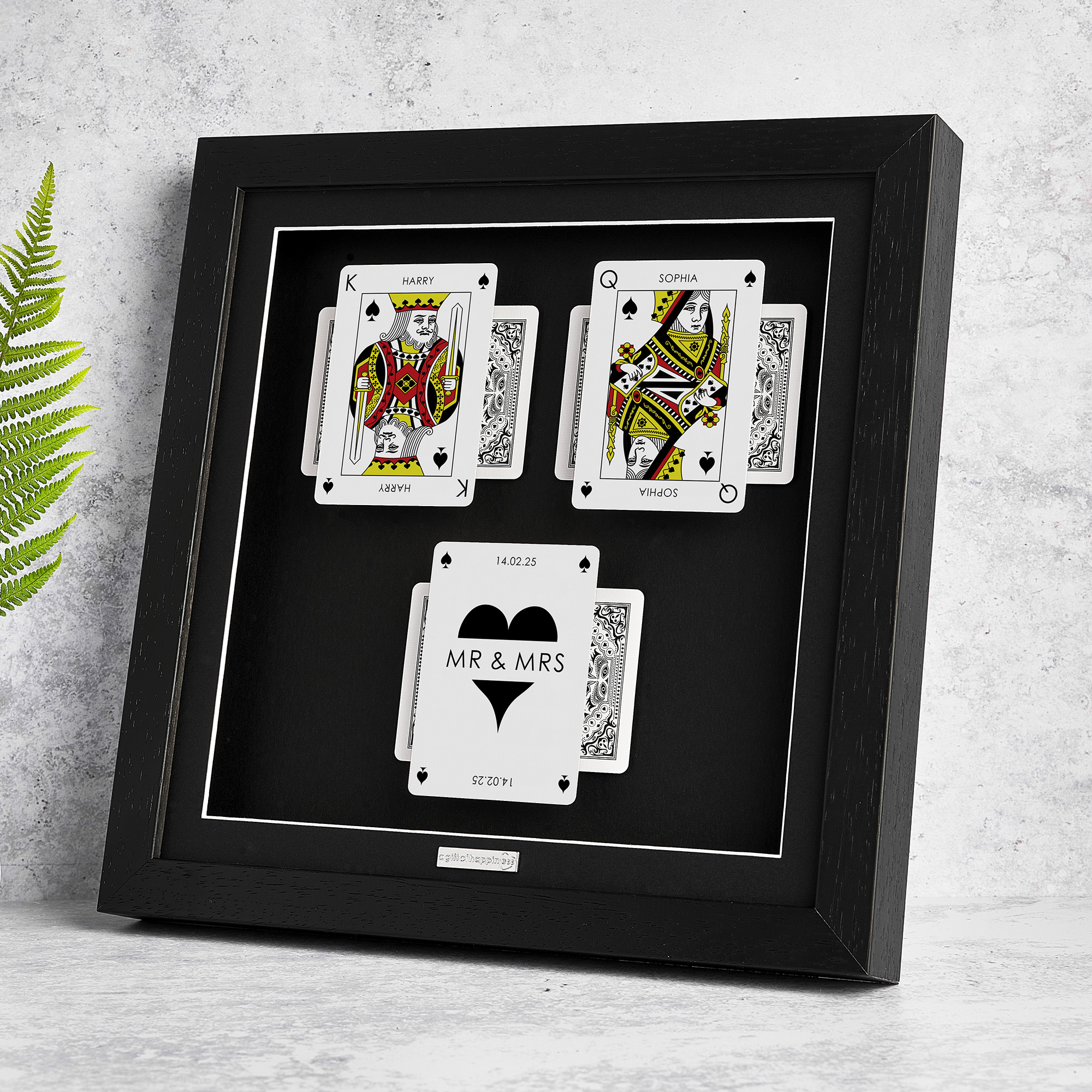 Personalised couples wall art featuring King and Queen playing cards with a milestone occasion and date