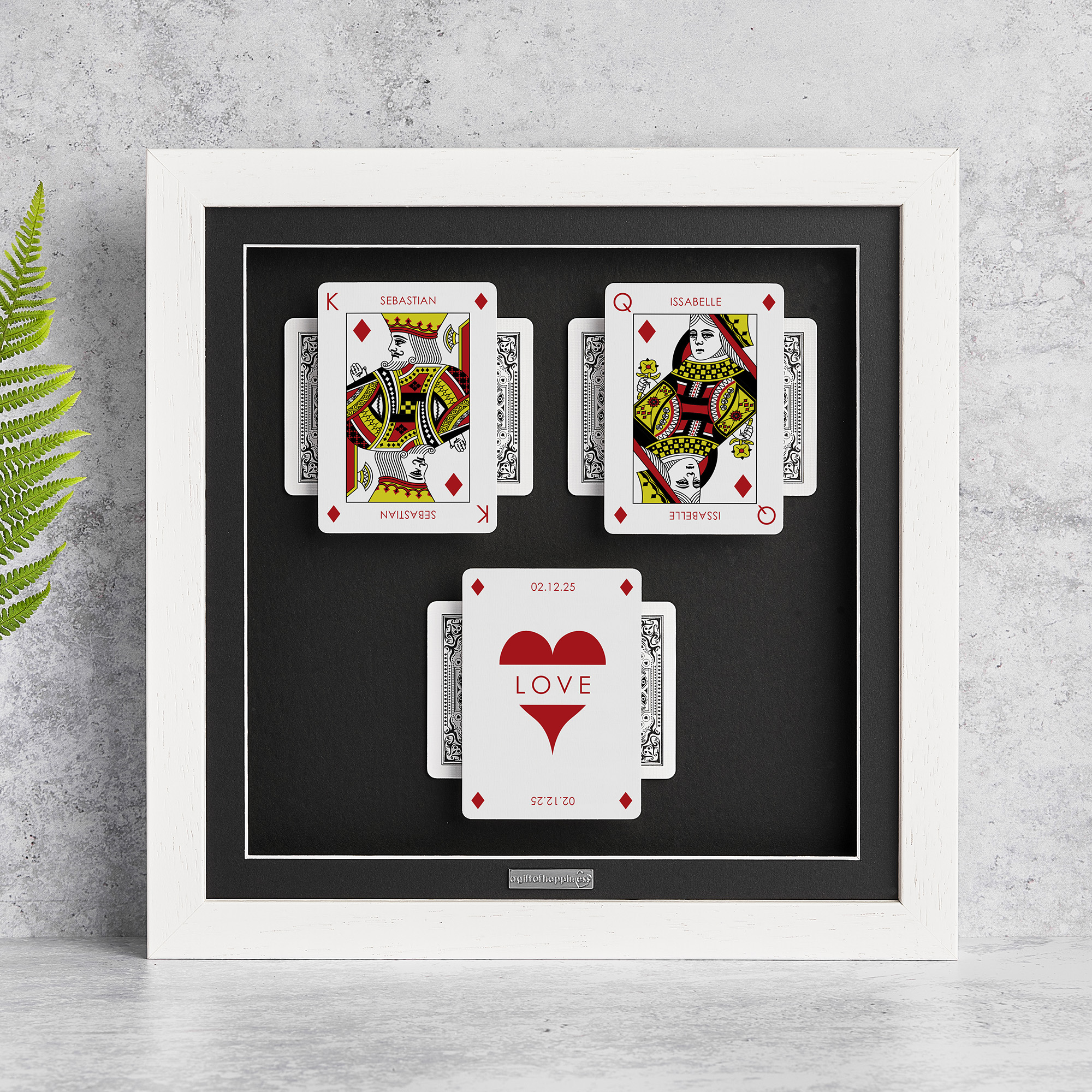 Personalised couples wall art featuring King and Queen playing cards with a milestone occasion and date