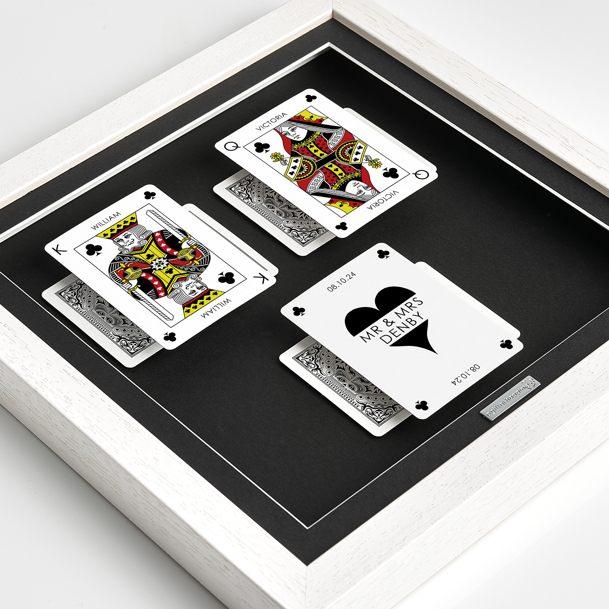 Personalised couples wall art featuring King and Queen playing cards with a milestone occasion and date