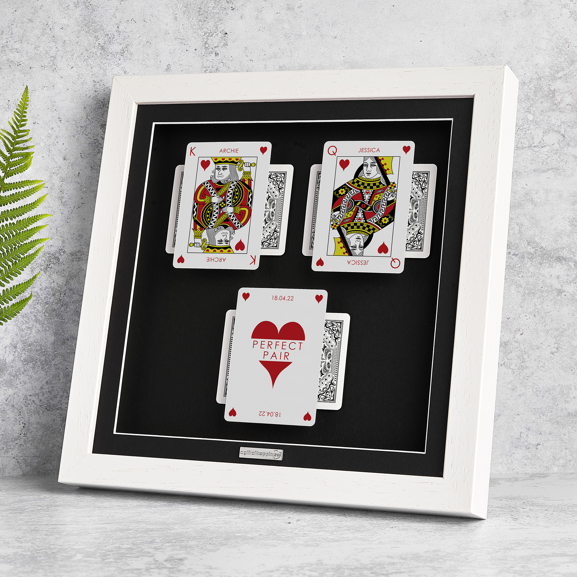 Personalised couples wall art featuring King and Queen playing cards with a milestone occasion and date