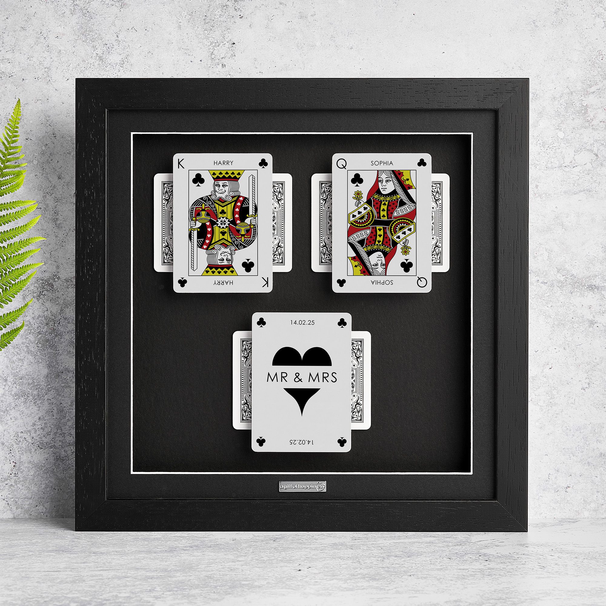 Personalised couples wall art featuring King and Queen playing cards with a milestone occasion and date