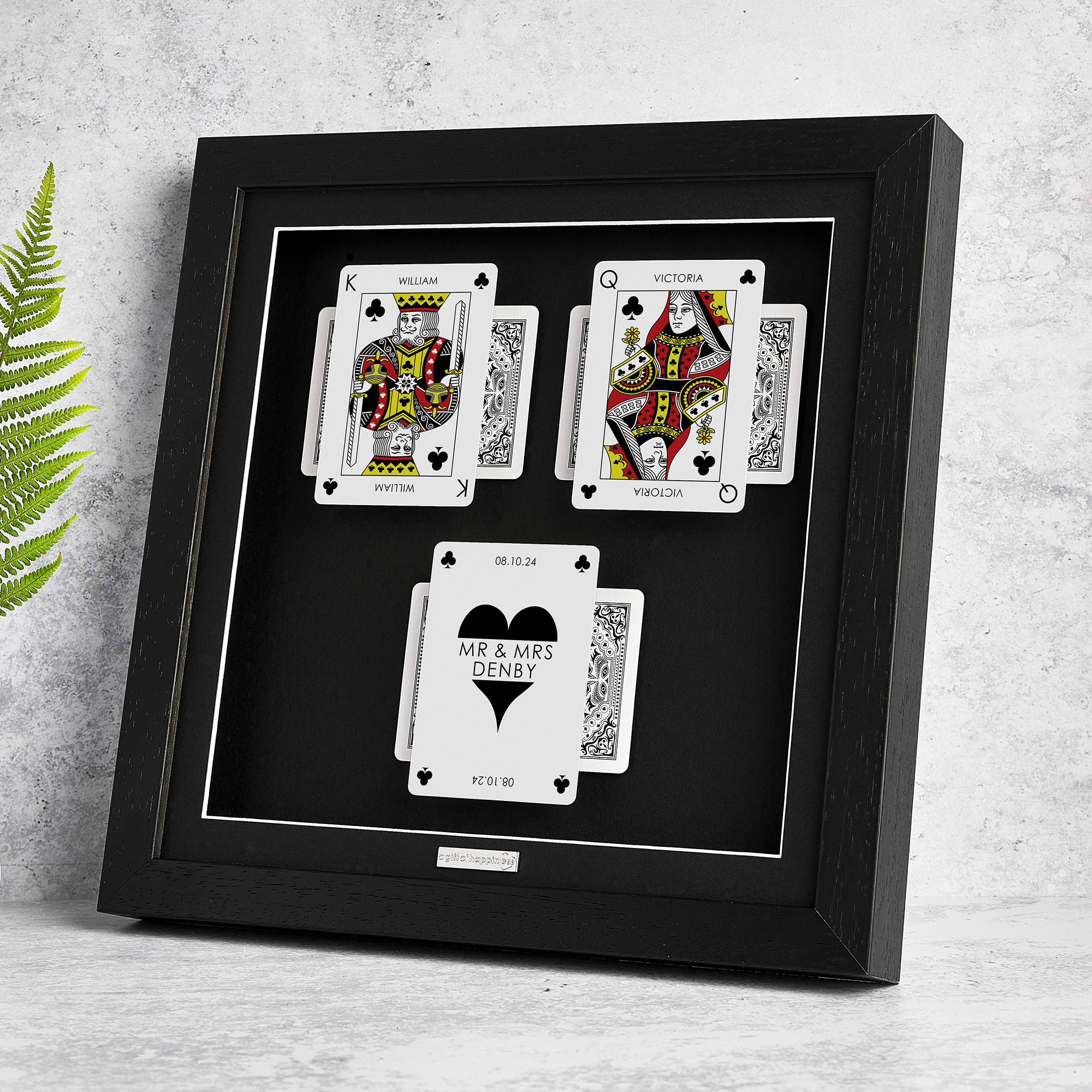 Personalised couples wall art featuring King and Queen playing cards with a milestone occasion and date