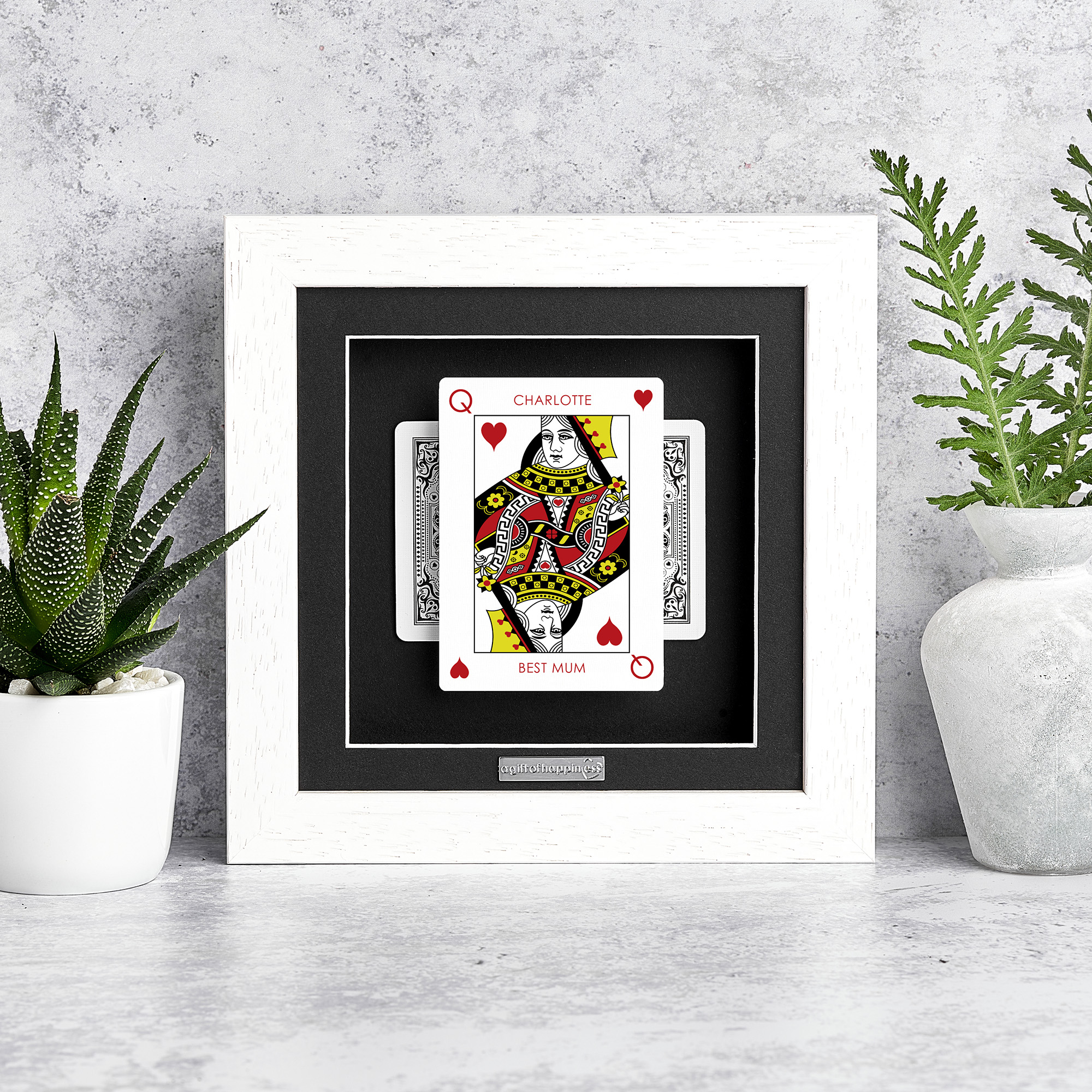 Personalised Queen of Hearts playing card frame with name and “Best Mum” message in deep box picture frame