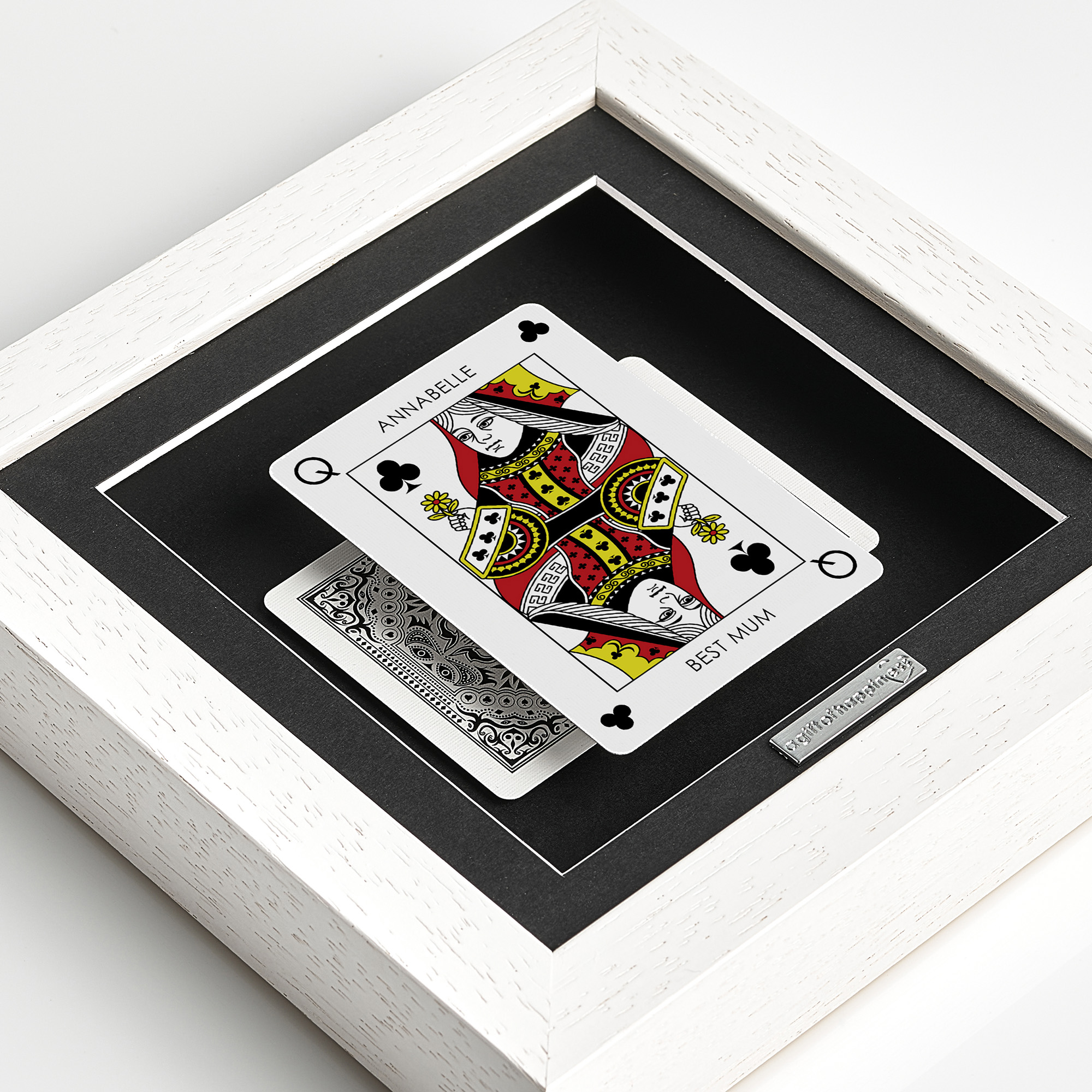 Personalised Queen of Clubs playing card frame with name and “Best Mum” message in deep box picture frame