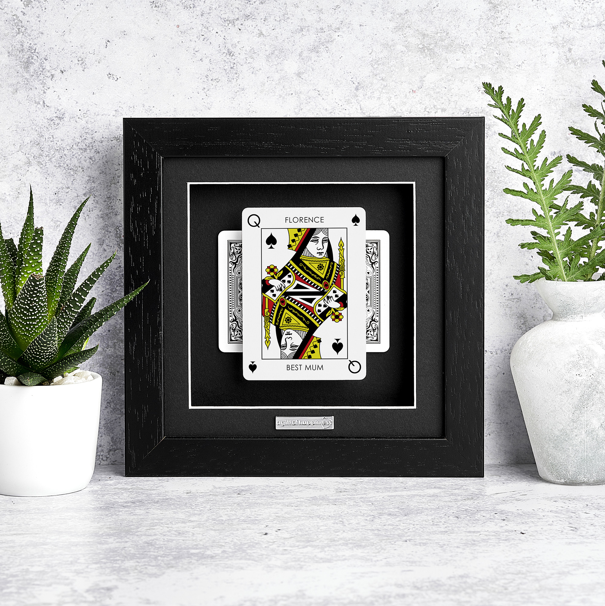 Personalised Queen of Clubs playing card frame with name and “Best Mum” message in deep box picture frame