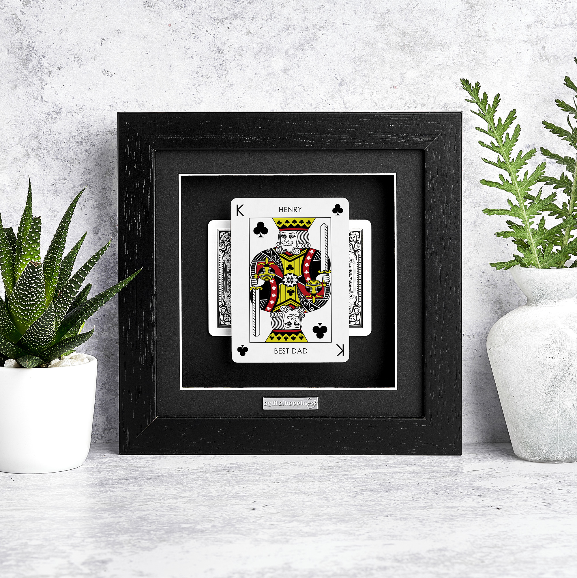 Personalised King of Clubs playing card frame with name and “Best Dad” message in deep box picture frame