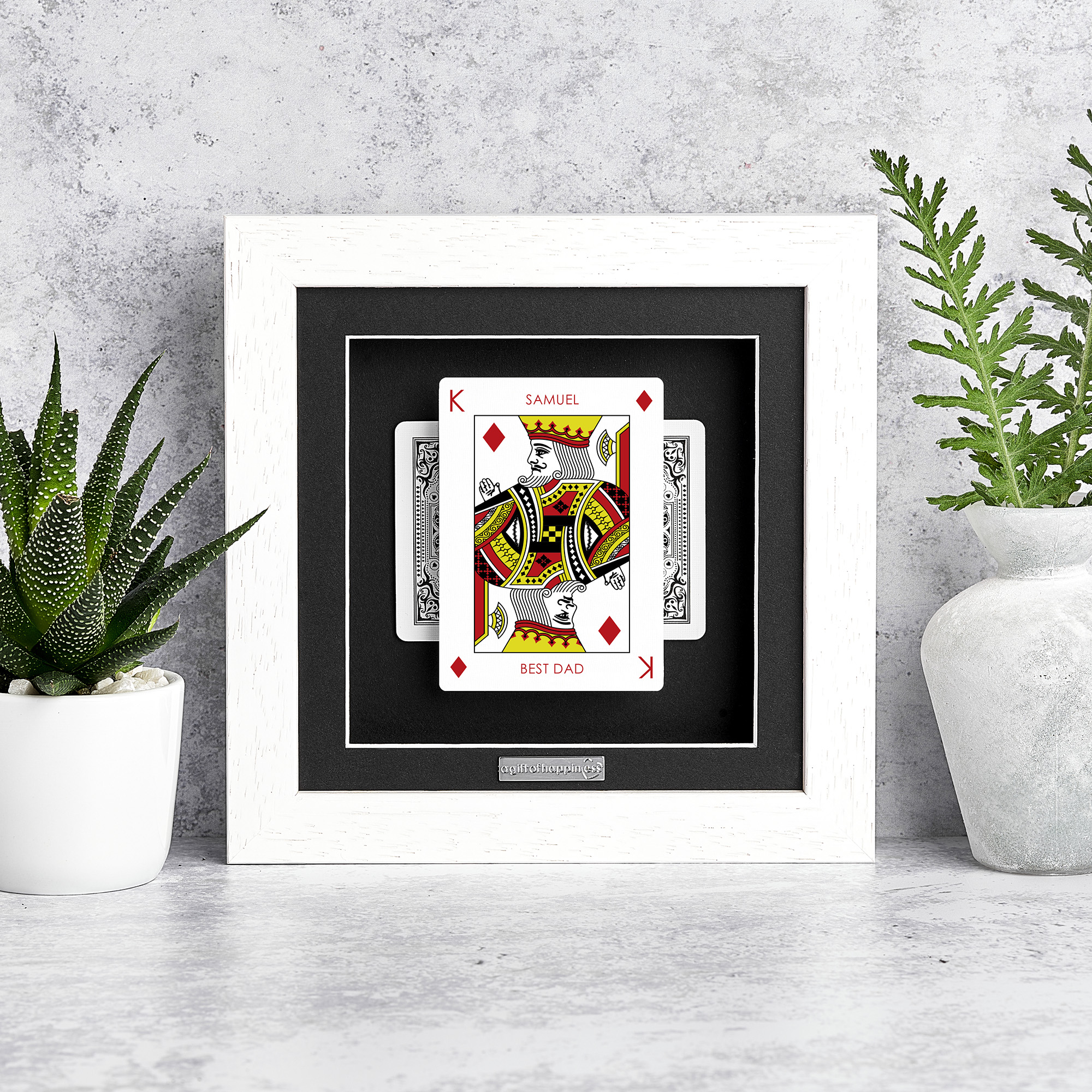 Personalised King of Diamonds playing card frame with name and “Best Dad” message in deep box picture frame