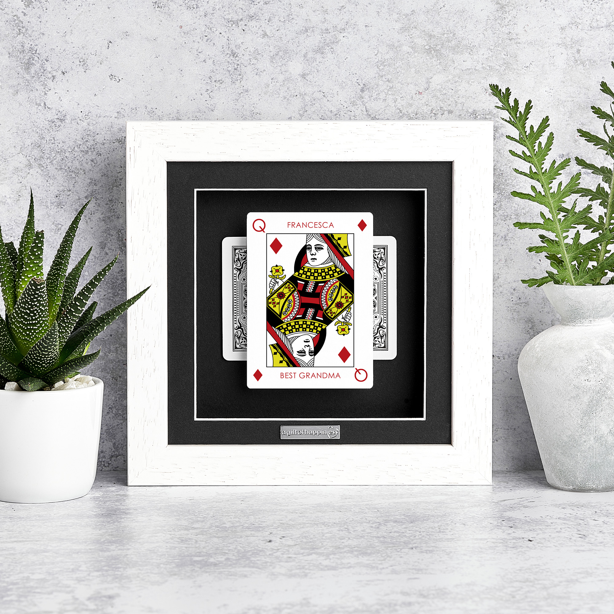 Personalised Queen of Diamonds playing card frame with name and “Best Grandma” message in deep box picture frame
