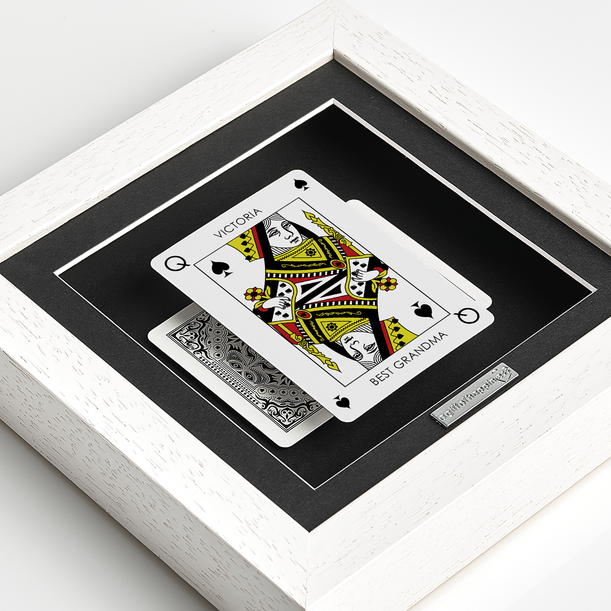 Personalised Queen of Spades playing card frame with name and “Best Grandma” message in deep box picture frame