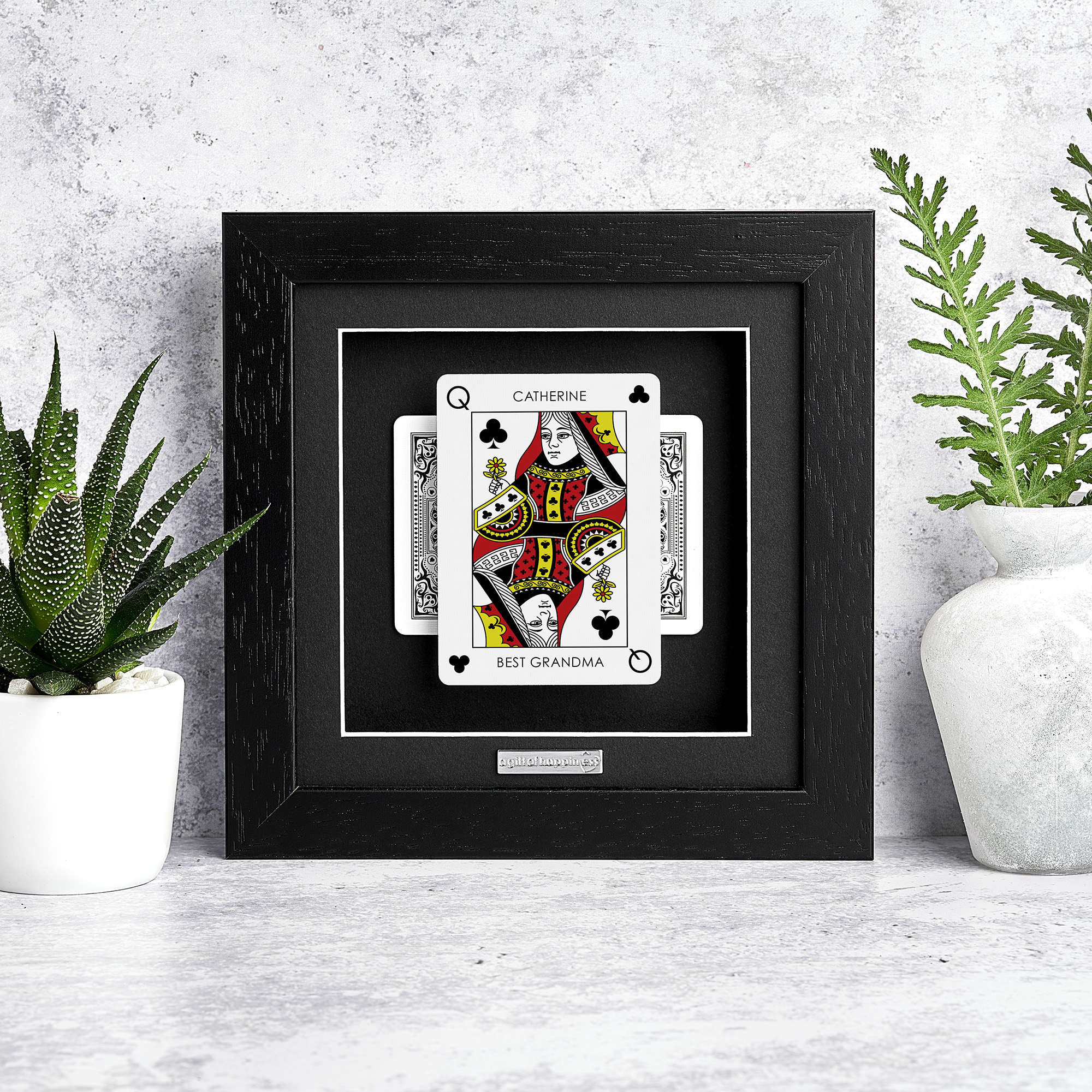 Personalised Queen of Clubs playing card frame with name and “Best Grandma” message in deep box picture frame