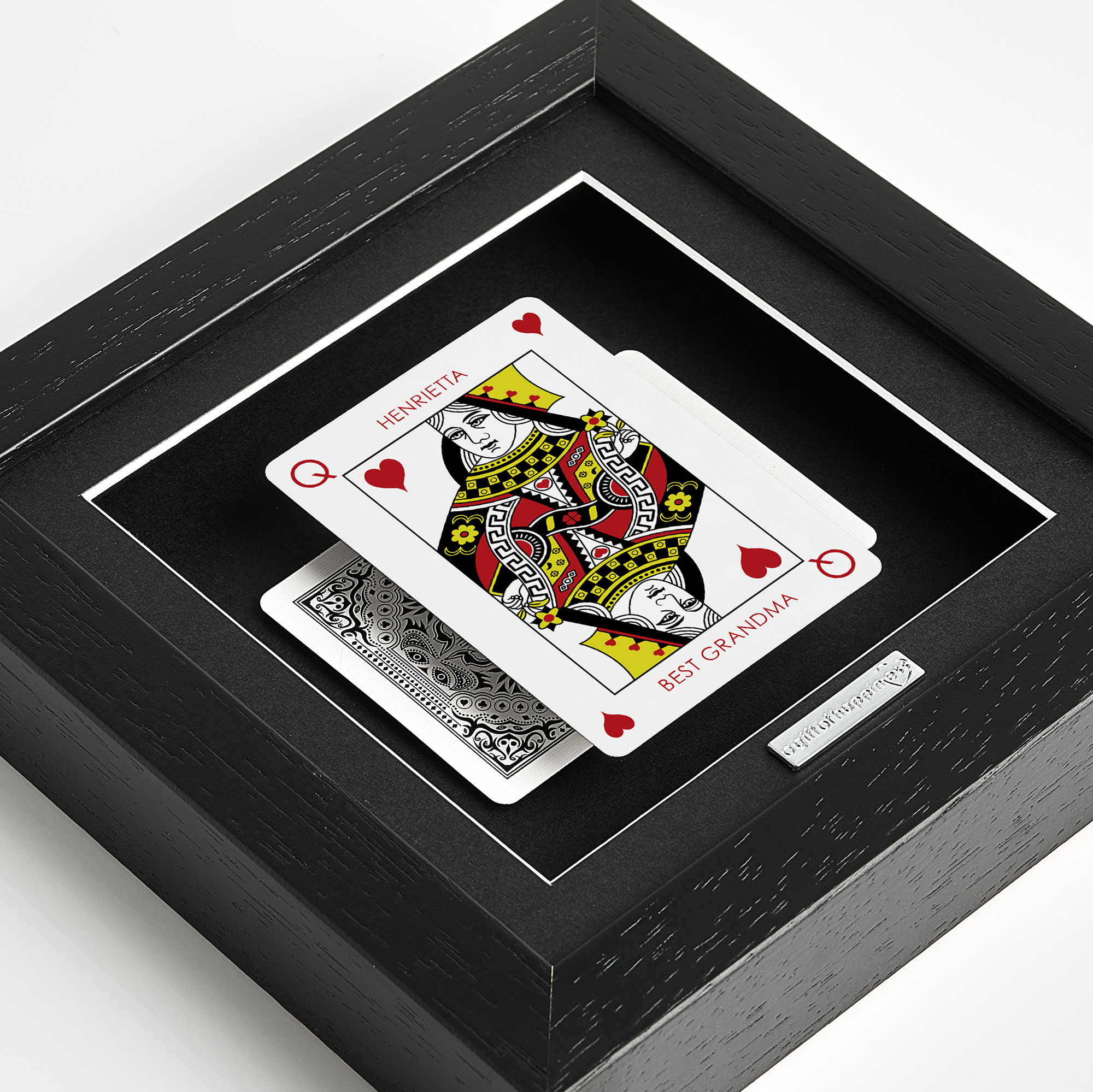 Personalised Queen of Hearts playing card frame with name and “Best Grandma” message in deep box picture frame