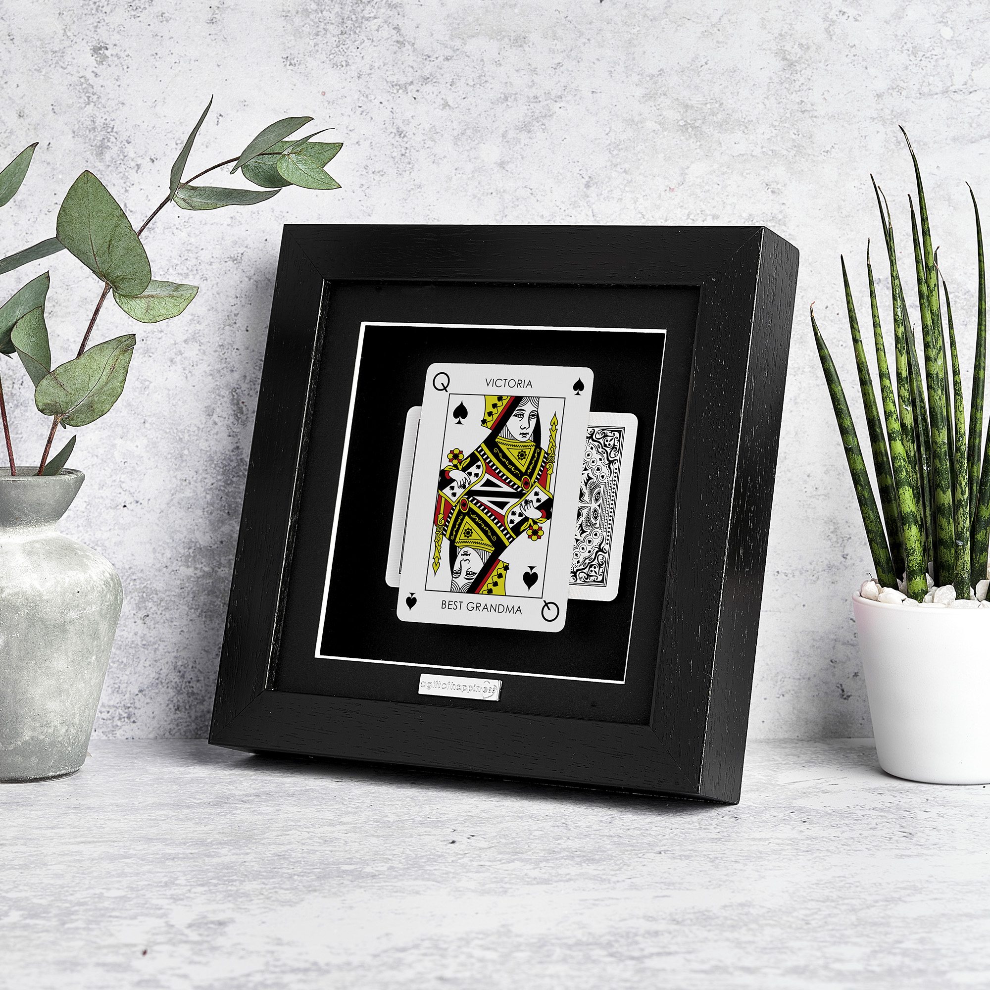 Personalised Queen of Spades playing card frame with name and “Best Grandma” message in deep box picture frame