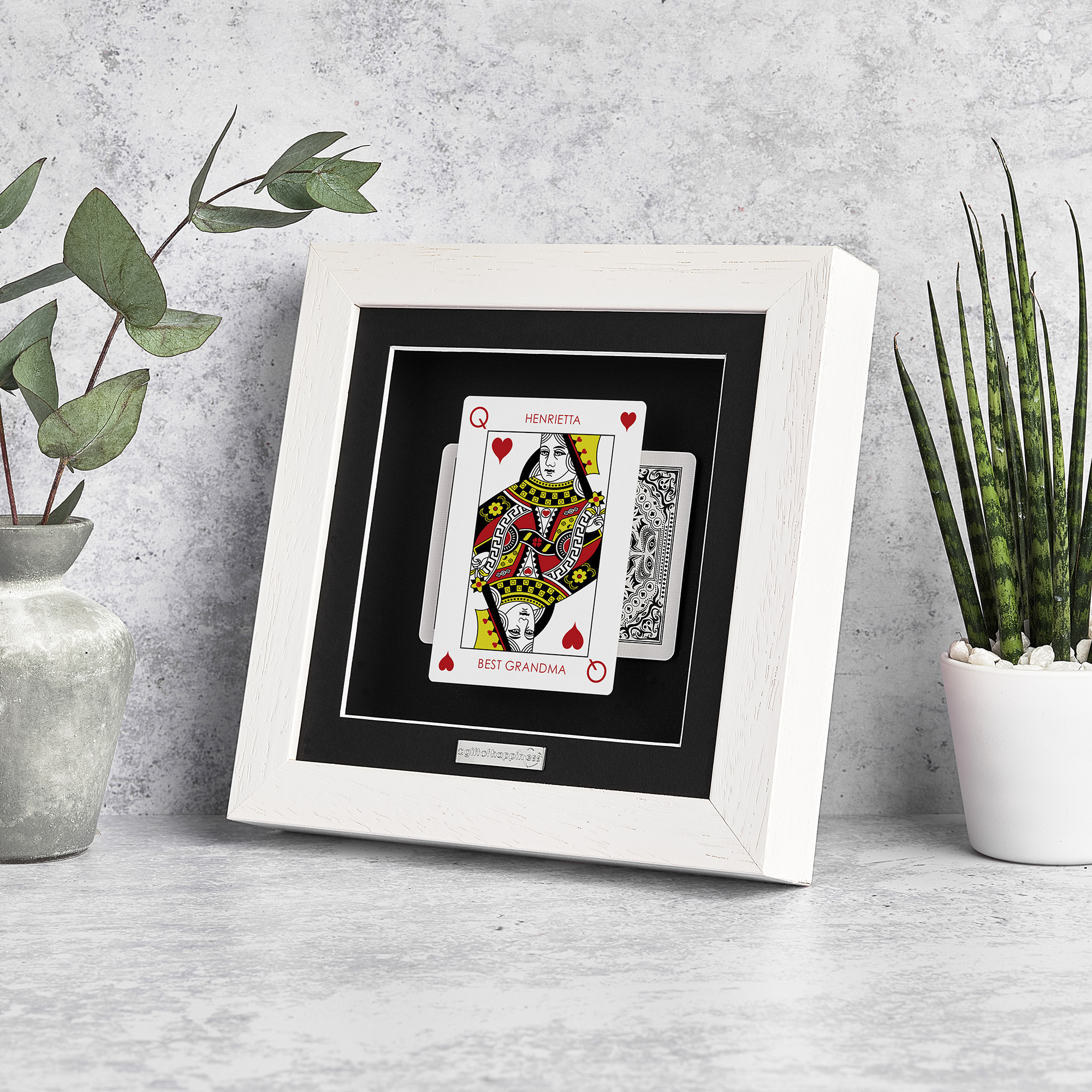 Personalised Queen of Hearts playing card frame with name and “Best Grandma” message in deep box picture frame