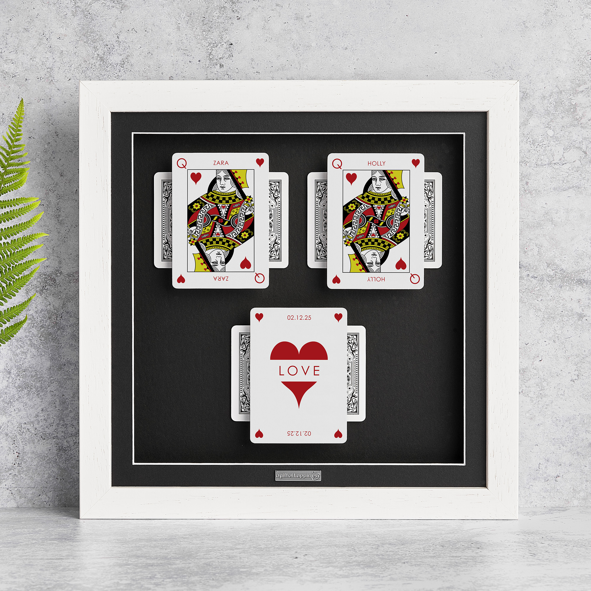 Personalised couples wall art featuring Queen and Queen playing cards with a milestone occasion and date
